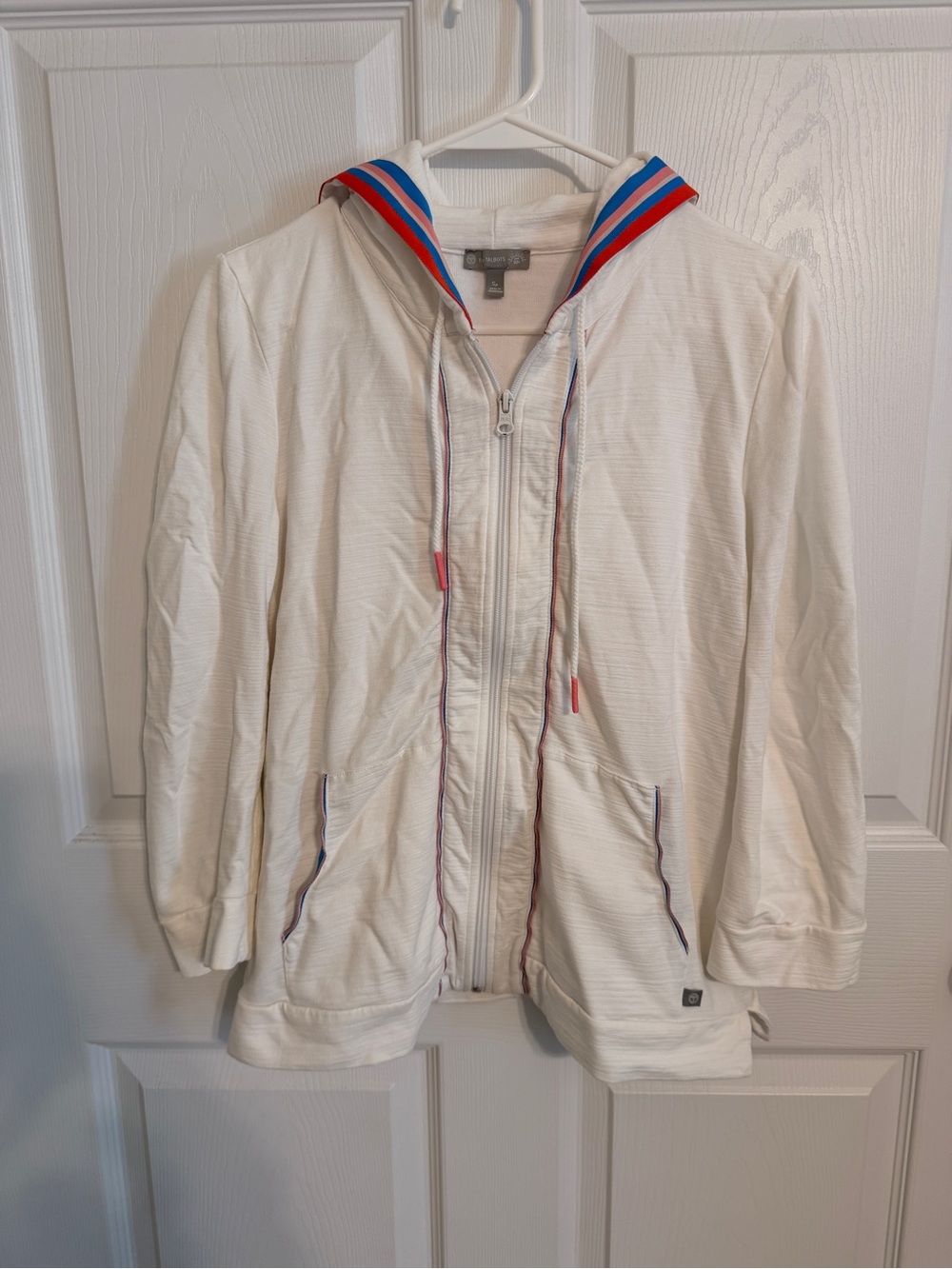 Talbots White Hooded Zip Jacket Small Petite UPF 50+ 3/4 Sleeve